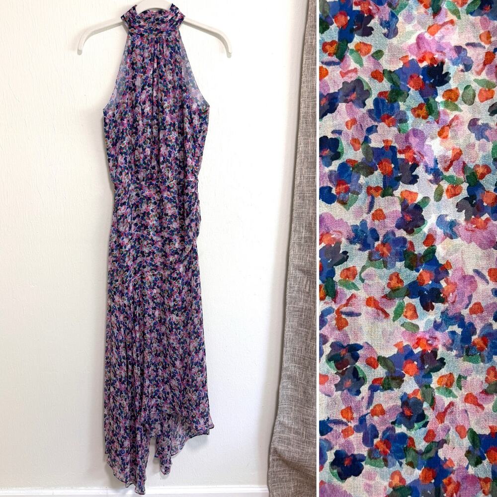 Veronica Beard Leia Silk Halter Midi Dress 00 Blue Purple Floral Asymmetric Hem
